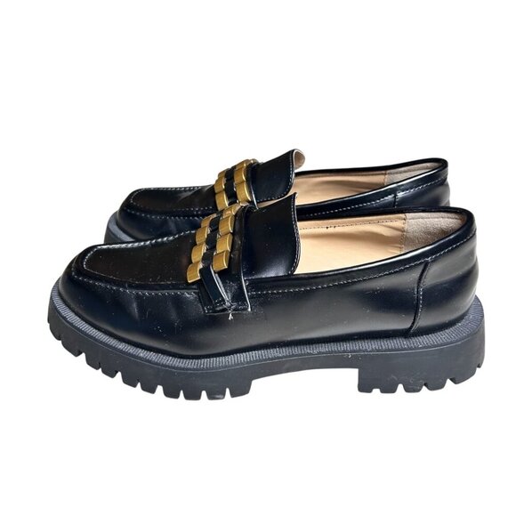 Zara Black Leather Lug Sole Loafers Platform Gold Detail 38 US 7.5 - Picture 4 of 7